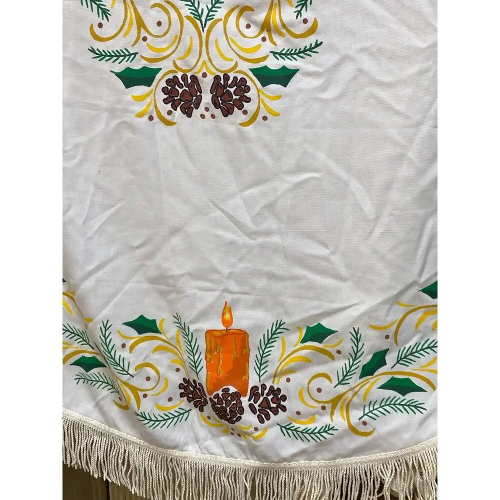 Vintage Christmas Tablecloth Oval Fringe MCM 76”x60 Candles Pinecones Holly